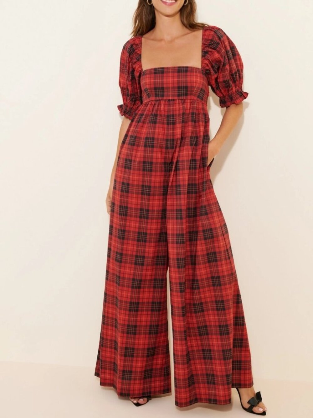 Selkie Red Plaid Puff Sleeve Wide-Leg Jumpsuit - 2XL